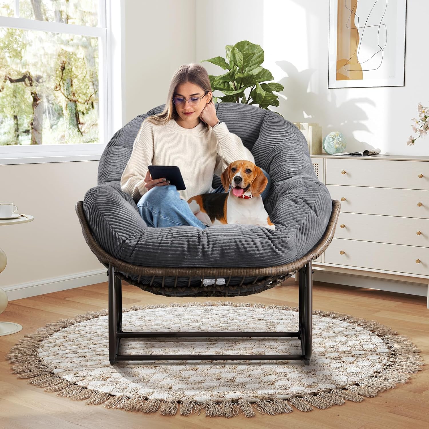Modern Boho Hanging Egg Chair - Freestanding Rattan Swing Chair Nest Pod for Garden, Patio, Poolside