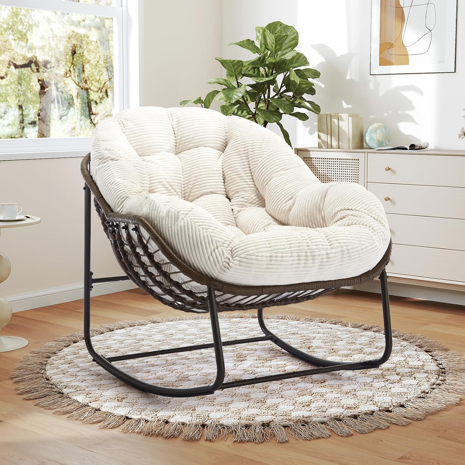 Modern Boho Hanging Egg Chair - Freestanding Rattan Swing Chair Nest Pod for Garden, Patio, Poolside