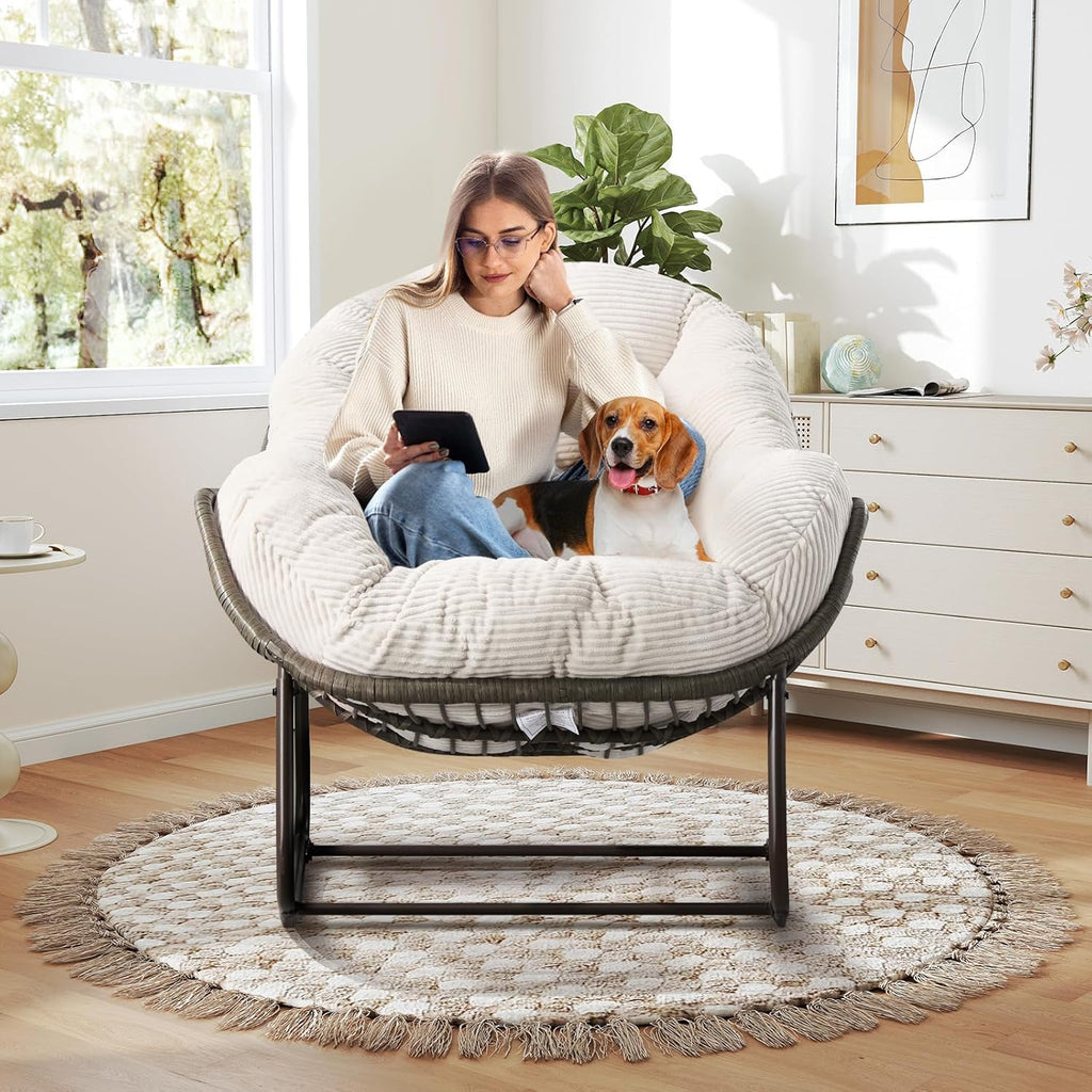 Modern Boho Hanging Egg Chair - Freestanding Rattan Swing Chair Nest Pod for Garden, Patio, Poolside