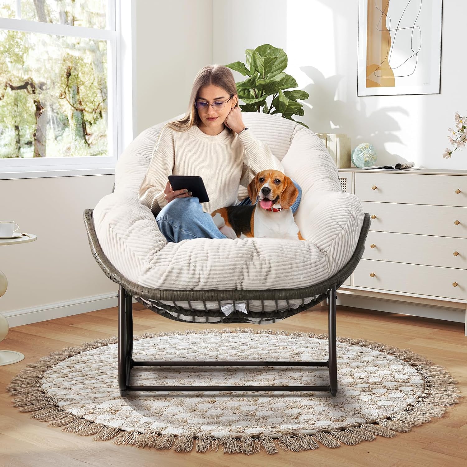 Modern Boho Hanging Egg Chair - Freestanding Rattan Swing Chair Nest Pod for Garden, Patio, Poolside